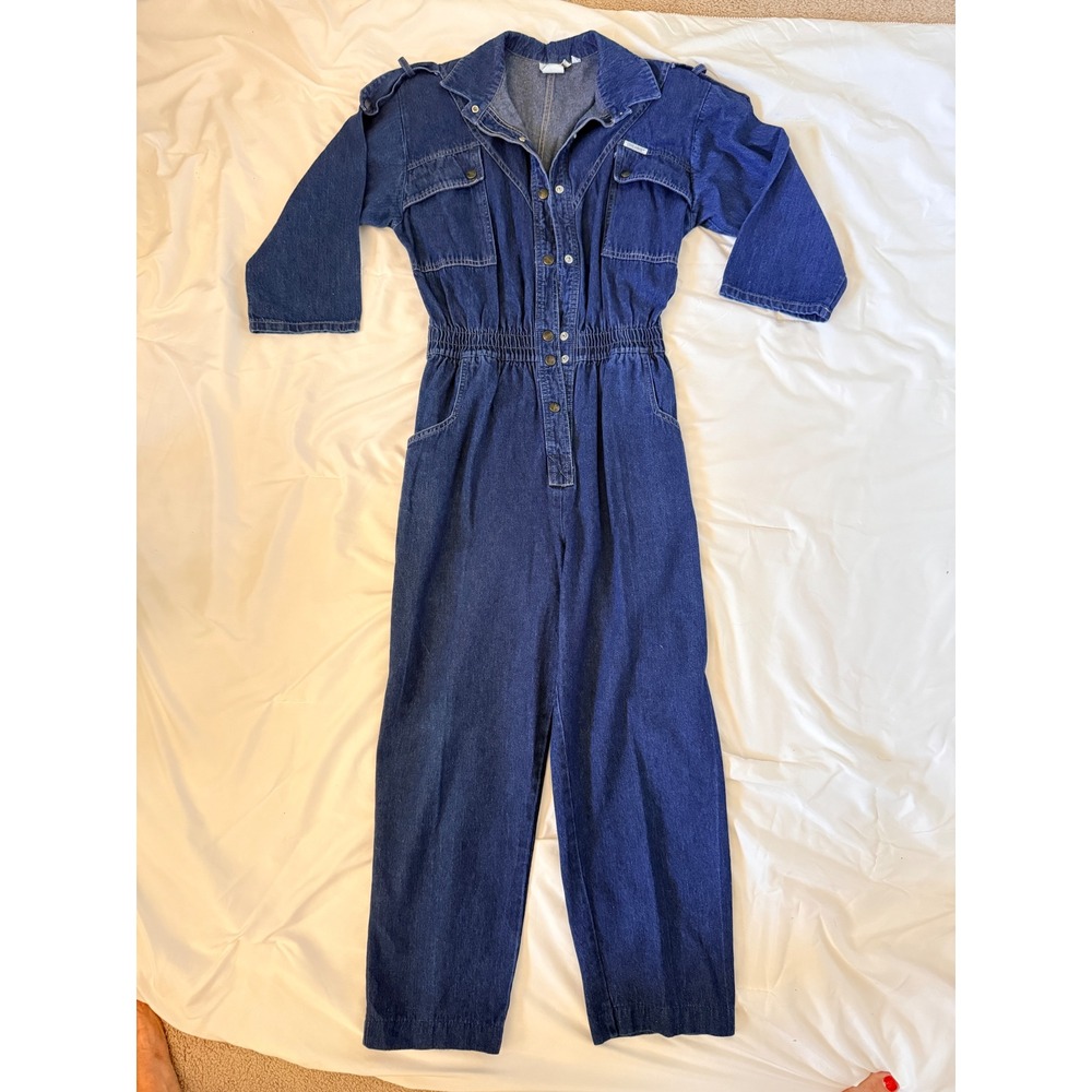 Vintage 80s DREAMS Denim Jumpsuit Boiler Suit Romper Dark Wash Cinched Waist L